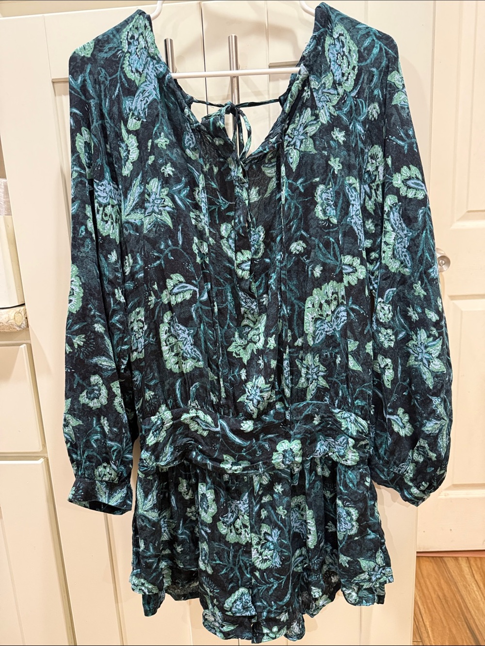 Free people Floral Tie-Front Long Sleeve-shorts romper - Teal Black
